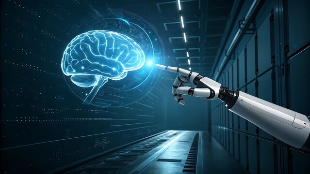 Robotic arm touching a digital brain in a futuristic setting