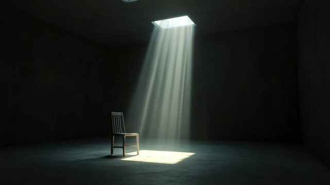 Single wooden chair illuminated by bright beam of light through small ceiling window in dark empty room, casting shadow in minimalism interior with solitude and empty space.