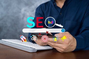 Businessman using smartphone with SEO icons and search bar, concept of digital marketing and online...