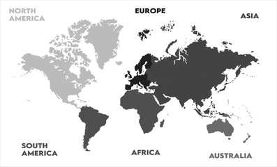 Naklejka premium New modern world map, with names, Europe, Africa, Asia, Australia, North America and South America world map graphic, Countries Silhouettes Stock Illustrations, Vectors