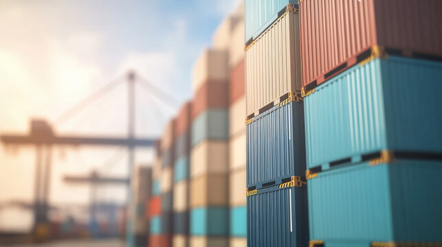 Stacked shipping containers in port representing global logistics and international trade, supply chain management and import export business concepts.