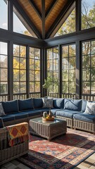 A sunroom featuring a wicker sectional sofa with blue cushions and a large patterned rug is visible