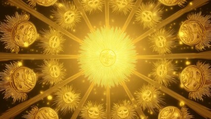 Golden radiant sun faces in a kaleidoscopic motion loop, glowing with warmth and cosmic symmetry. Ideal for spiritual, festival, and celestial themes.

