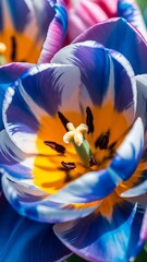 A close up shot of a vibrant tulip flower with blue and purple petals and a yellow center detail