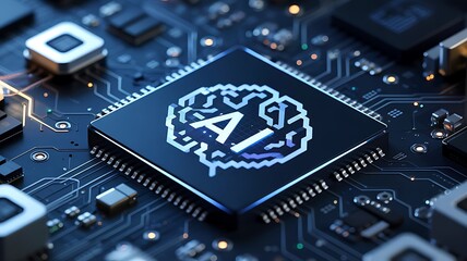 A close up of a computer chip with an ai brain logo on it and surrounding circuit board components