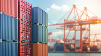 Stacked shipping containers in port representing global logistics and international trade, supply chain management and import export business concepts.
