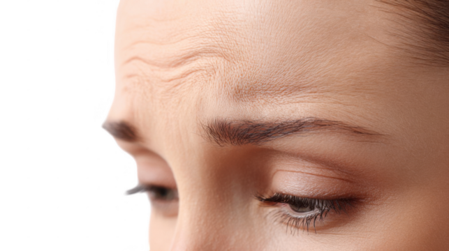 Close up of a woman's forehead with dry skin and wrinkles, highlighting the need for skincare and moisturizing, isolated on a transparent background