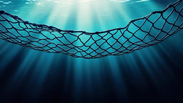 Underwater fishing net illuminated by sunlight rays in deep blue ocean water, creating serene aquatic marine scene with blue mesh and calm water atmosphere