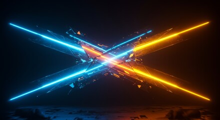 Abstract neon light beams intersecting, fractured glass