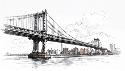 Fototapeta premium Manhattan Bridge Sketch Iconic NYC Skyline View Artistic Drawing