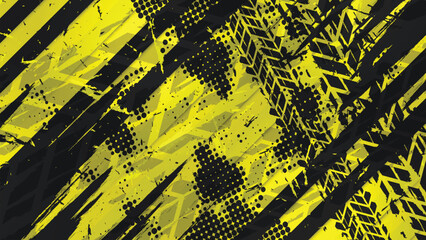 Grunge Halftone Tire Tracks on Caution Striped Background