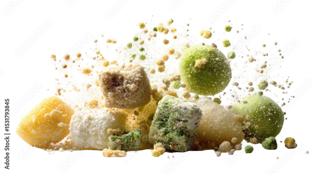 Poster multicolored pieces of turkish delight candy exploding against a transparent background, creating a 