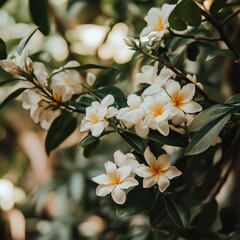 Obraz premium Close-up of a cluster of delicate, creamy-white flowers with hints of pale yellow at the center, nestled amongst lush green leaves.
