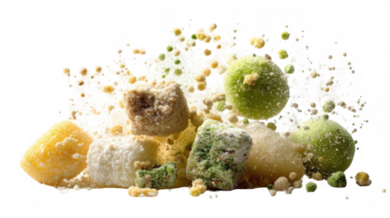 Multicolored pieces of turkish delight candy exploding against a transparent background, creating a dynamic and vibrant scene with dust particles and fragments scattering around