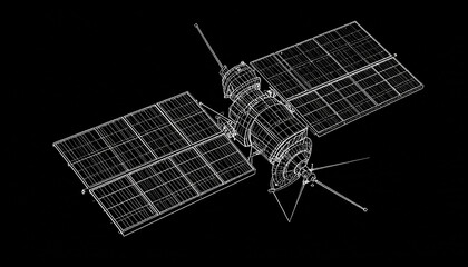 Detailed Wireframe Illustration of a Satellite Orbiting in Space Featuring Solar Panels and Antennas
