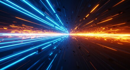 Abstract, vibrant, neon light streaks converging to a central point