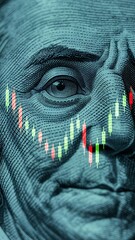 Close up of benjamin franklin on dollar bill with stock market candlesticks overlayed on face