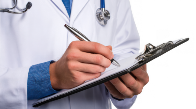Close up of a doctor's hands writing on a clipboard, suggesting medical documentation or prescription, with a transparent background for easy integration into various projects