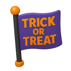 A purple flag with orange text displays "Trick or Treat" for Halloween.