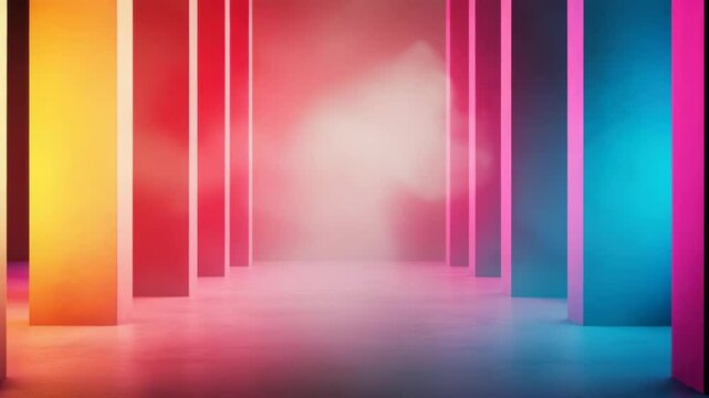Colorful pillar corridor with vibrant lighting and fog creating futuristic and mysterious atmosphere in empty space featuring modern abstract pillars and reflections