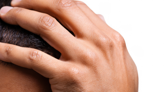 Gently touching the back of a head against a transparent background, conveying emotions of comfort, pain, stress, or deep thought, while highlighting human connection and empathy