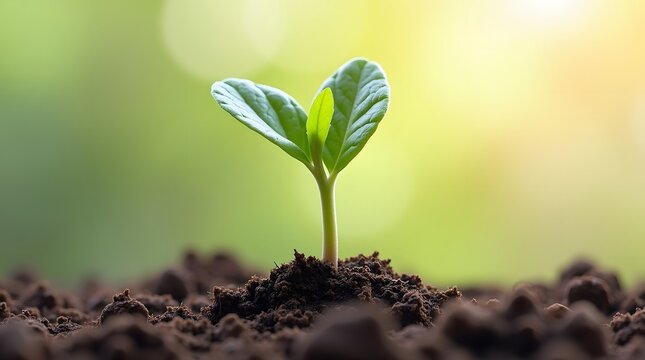 Fototapeta Close-up of a young plant sprout emerging from fertile soil, symbolizing growth, new beginnings, and nature. Ideal for environmental, agricultural, and wellness themes.
