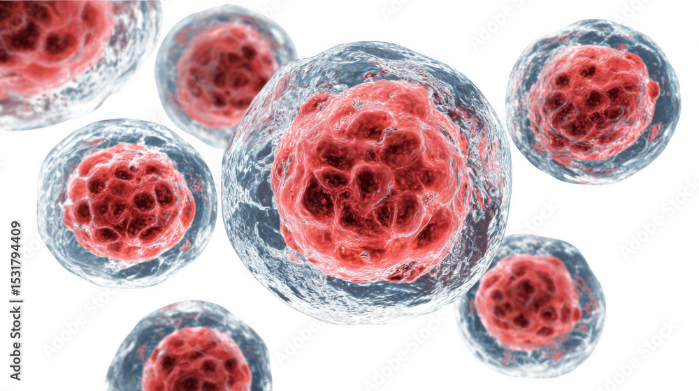 Poster stem cells are growing, dividing and multiplying on a transparent background, creating a visually st