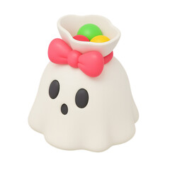 A cute ghost-shaped candy holder with a pink bow and colorful candies inside.