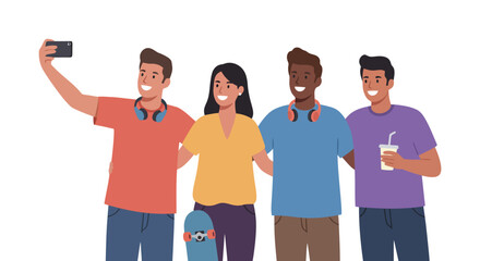 Obraz premium Diverse Friends Taking a Selfie Together, Flat Vector Illustration