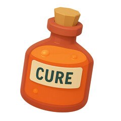 A cartoonish orange potion bottle labeled "CURE," suggesting a remedy or magical healing.