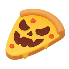 A cartoon pizza slice with a spooky pumpkin face, dripping with cheese.