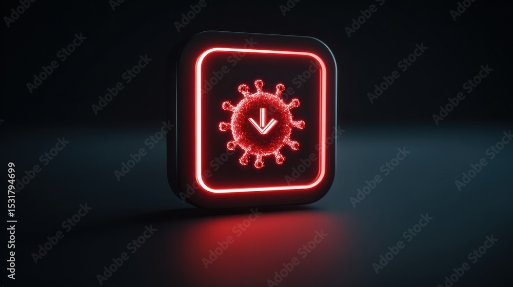 Aufkleber virus-laden download icon glowing red in an empty dark space highlights cyber threats in modern tech