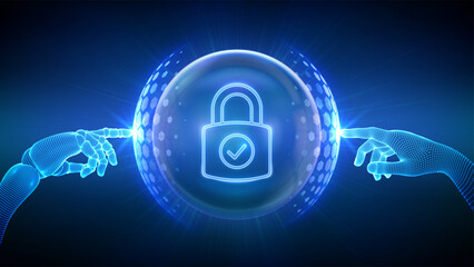 Cyber security concept. Network safety. Information privacy. A robot and a human hands touching a protection sphere shield with a hexagon pattern and a Padlock with Check mark icon inside. Vector.