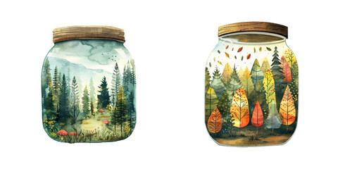 beautiful forest scene in jar watercolor vector illustration