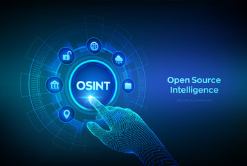 Open source intelligence. OSINT. Open data access. Open source analysis. Cyber analytics. Data gathering. Open data database. Wireframe hand touching digital interface. Vector illustration.