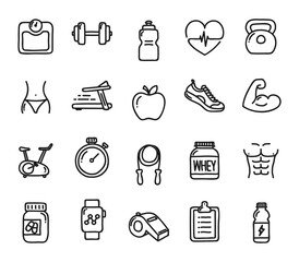 Healthy Lifestyle Vector Icon Set | Adjustable Line Weight | Fitness, nutrition, exercise, wellness, sleep, yoga, meditation, heart rate, gym, hiking, cycling, sports, health monitoring icons