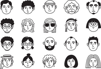 Cartoon Faces Vector, Hand Drawn People Characters, Big Head Line Art, Monochrome Style, Unique Expressions, Sketch Illustration Pack