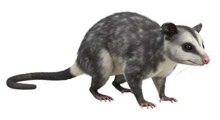 Detailed Opossum Portrait with Grey Fur and Pink Nose Alertly Posed