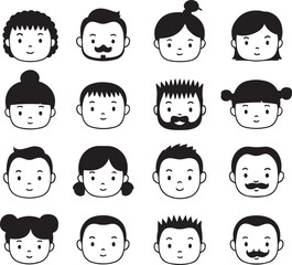 Minimalist Kids Faces Vector, Hand Drawn Child Faces, Cartoon Characters, Monochrome Illustration, Simple Design, Line Art Portrait