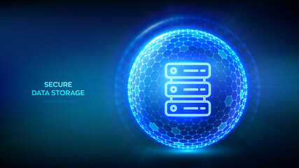 Secure Data Storage. Computer server and database storage security. Data center protection. Server hosting. Abstract 3D sphere shield with surface of hexagons with server icon. Vector illustration.