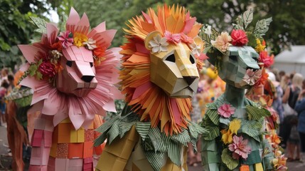 Colorful paper lion costumes in a parade.