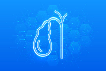 Gallbladder icon. Treatment and prevention of gallstone disease, cholecystitis, cholecystectomy, biliary dyskinesia. Molecular structure. Blue medical background with hexagons. Vector illustration.