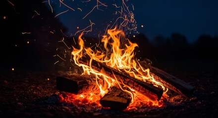 Campfire at night. Vivid flames and sparks
