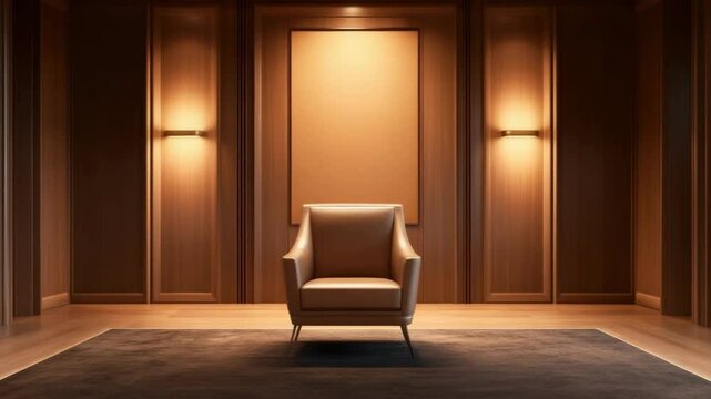 Modern leather armchair in warm wooden room with soft lighting and dark carpet, creating cozy and comfortable interior perfect for relaxation or reading in modern cozy room