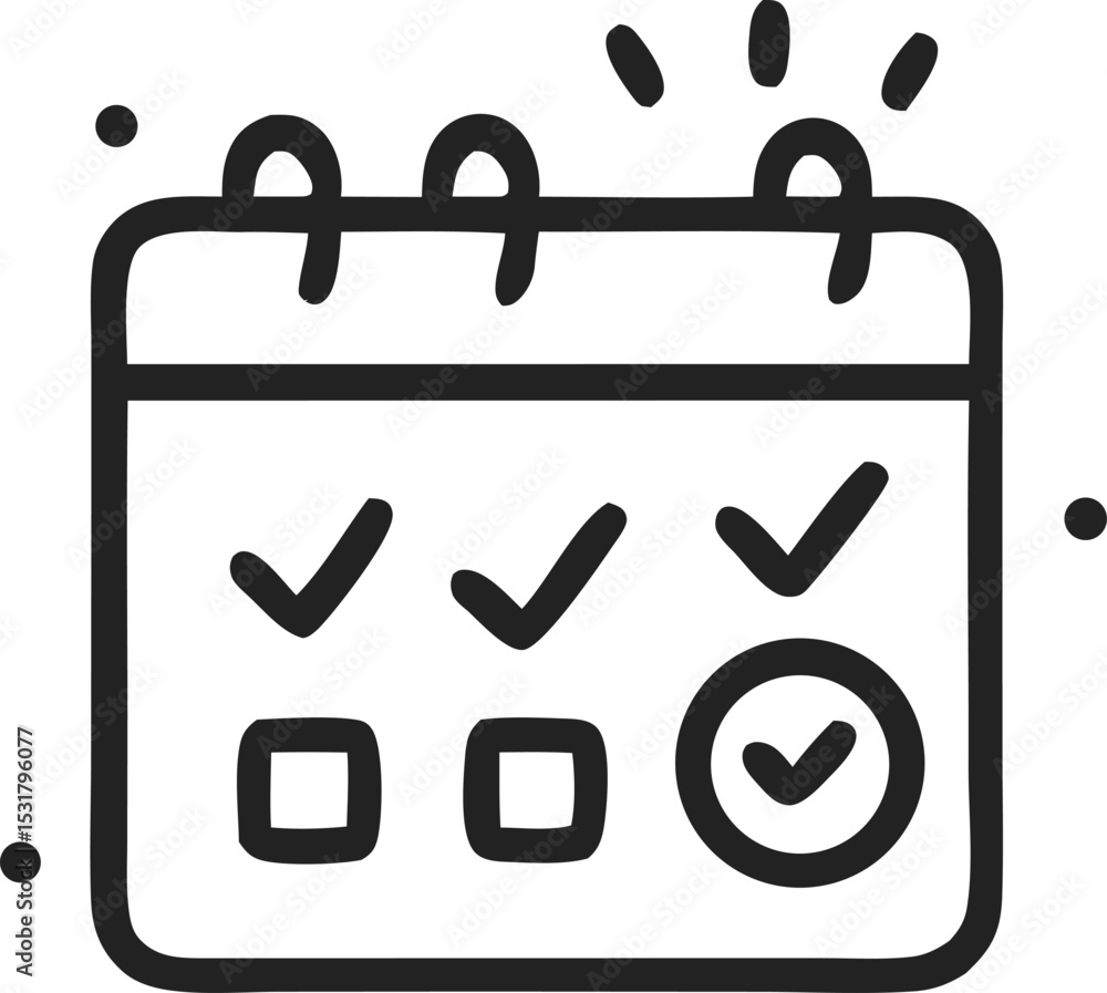 Poster icon calendar icon with tick marks showing completed tasks and planning, a reminder for events and a