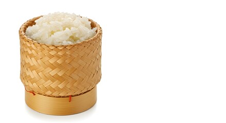 Thai-style sticky rice in woven bamboo container isolated on white background for culinary and food photography