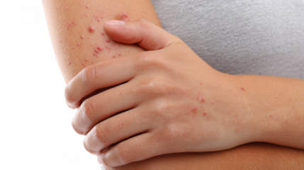 Woman scratching her arm with allergy symptoms, showing inflamed skin with acne and redness, isolated on transparent background, ideal for health and skincare concepts