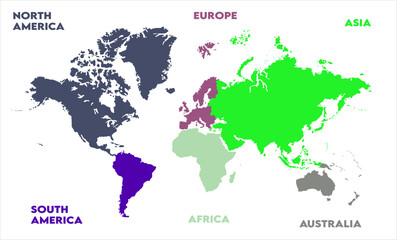 New modern world map, with names, Europe, Africa, Asia, Australia, North America and South America world map graphic, Countries Silhouettes Stock Illustrations, Vectors