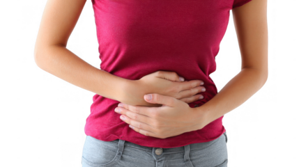 Young woman gripping her lower abdomen while experiencing intense period pain, set against a transparent background. Struggling with discomfort associated with menstruation