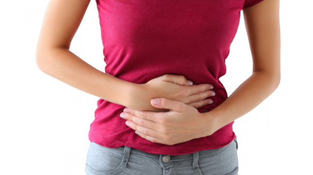 Young woman gripping her lower abdomen while experiencing intense period pain, set against a transparent background. Struggling with discomfort associated with menstruation
